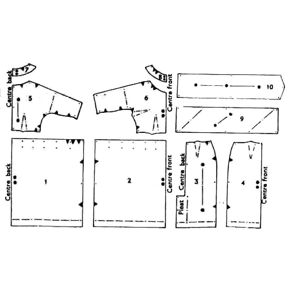 Line drawing of all pattern pieces included in "1950's Pattern Rockabilly Pin Up Rockabilly Dress,"