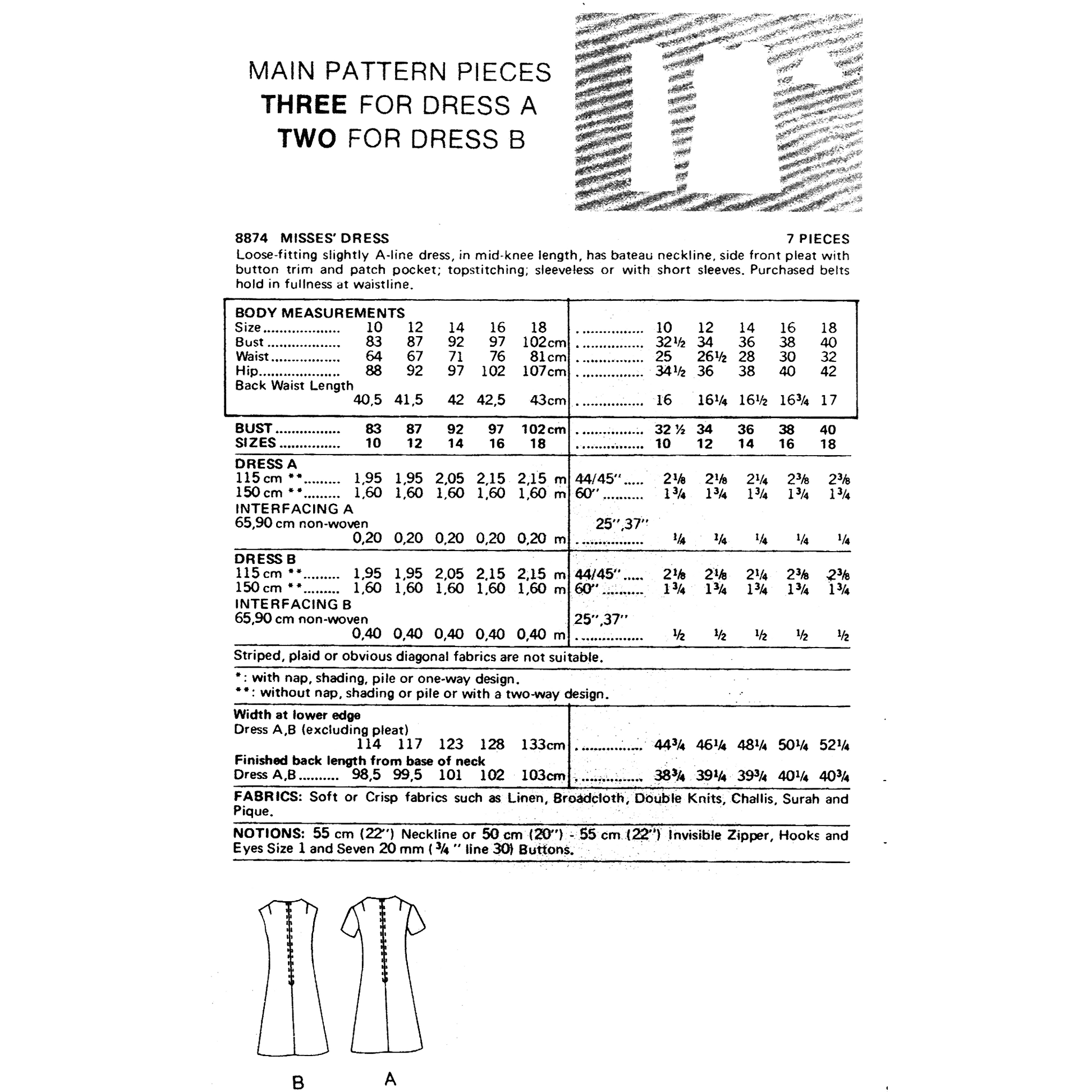 Pattern piece diagram and measurement chart for dresses A and B on a white background