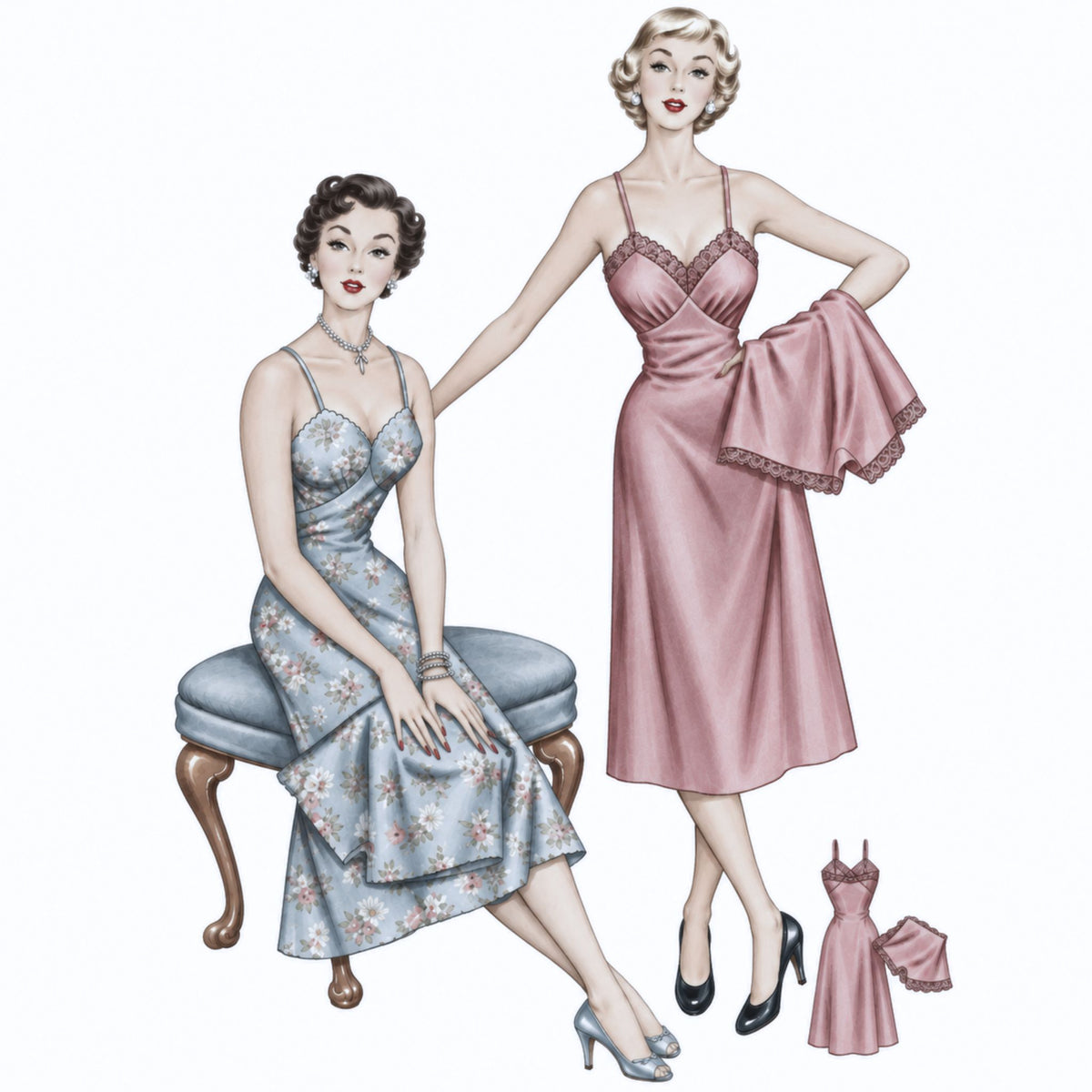 Vintage-style fashion image showing two women in elegant dresses on a plain white background. One seated woman wears a light blue floral dress, and one standing woman wears a pink satin dress with a matching folded garment and a small inset of the dress details.