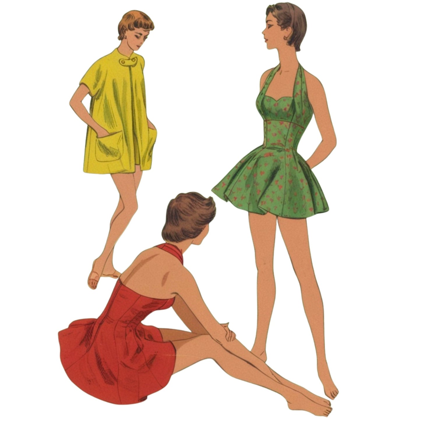 Three women in vintage-style dresses on a white background