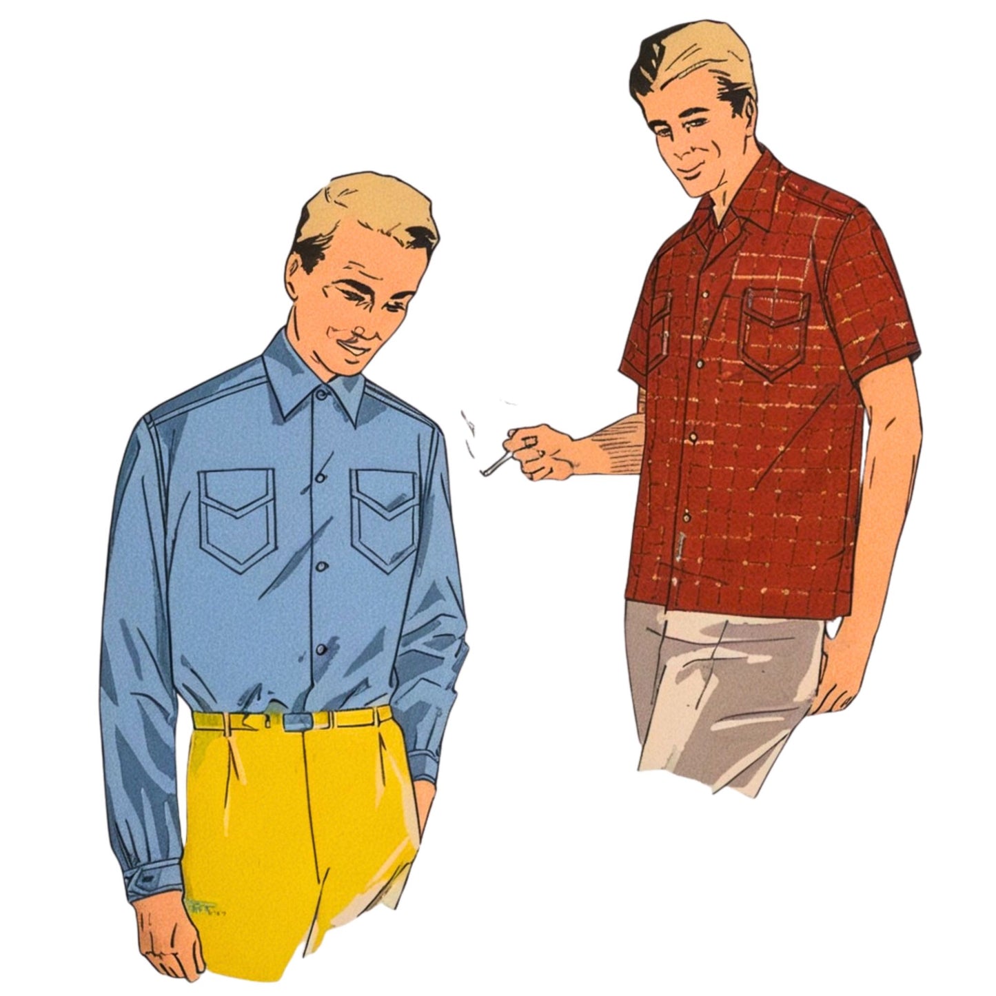 Two men wearing button-up shirts and shorts on a white background