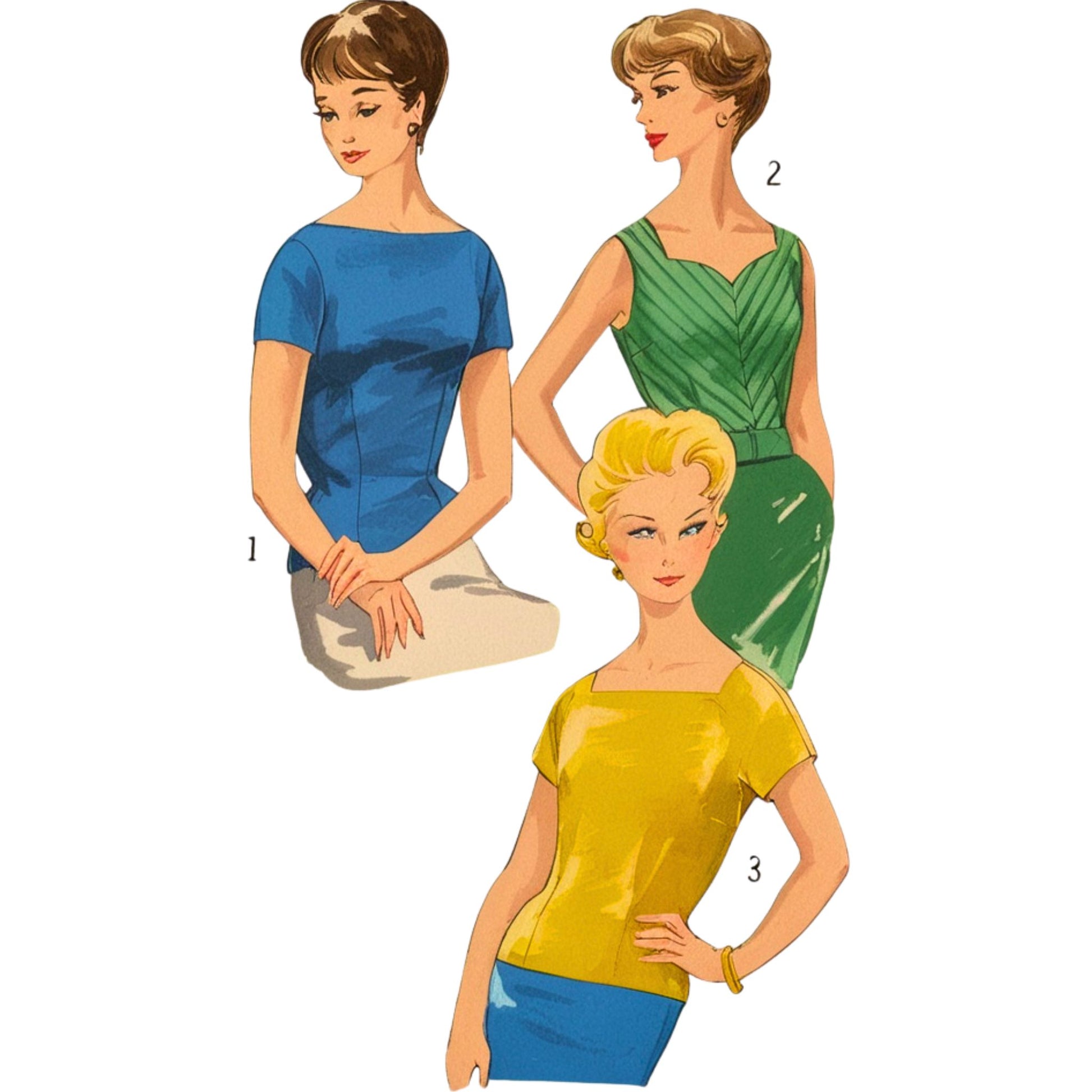 Illustrations of three women wearing different outfits on a white background