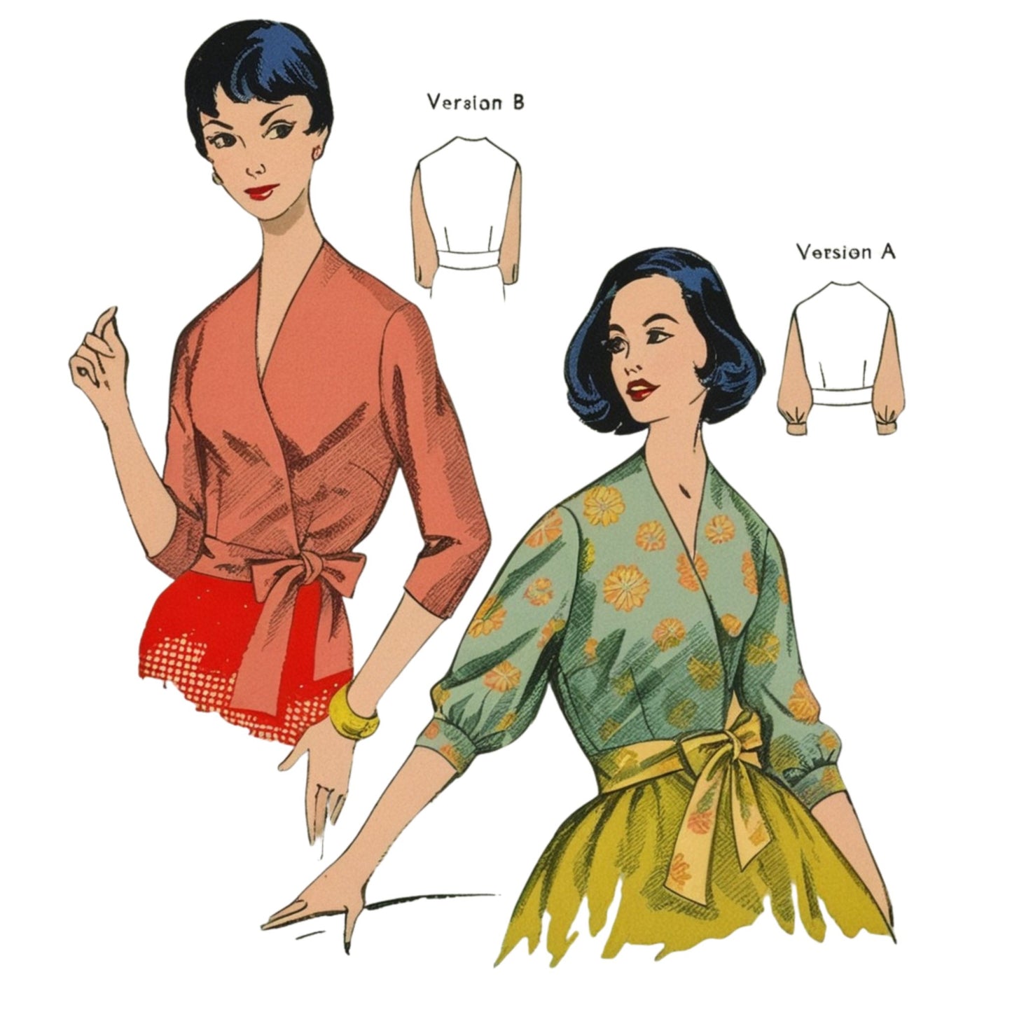 Two women wearing patterned tops with skirt variations on a white background