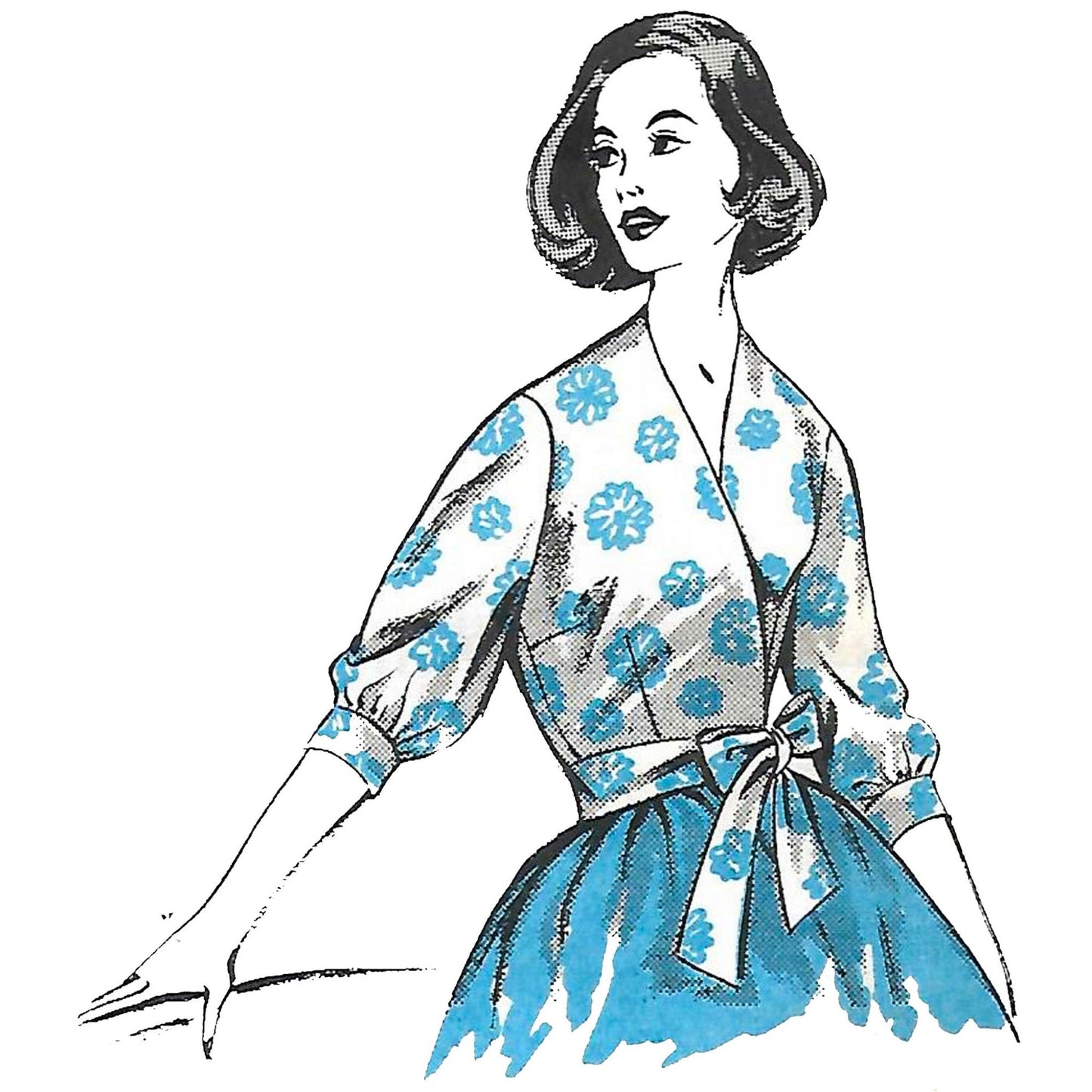 Model wearing 1950s wrapover blouse made from Maudella 1327 pattern