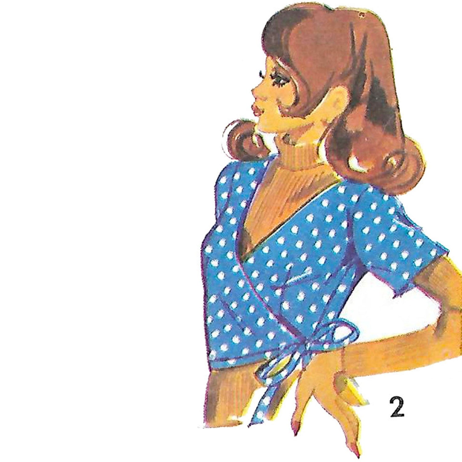 Model wearing 1970s wrap-over top or blouse made from Maudella 5828 pattern