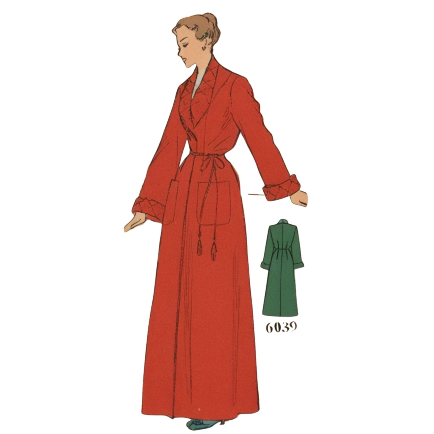 Vintage sewing pattern illustration of a red coat with a smaller inset of a green coat.