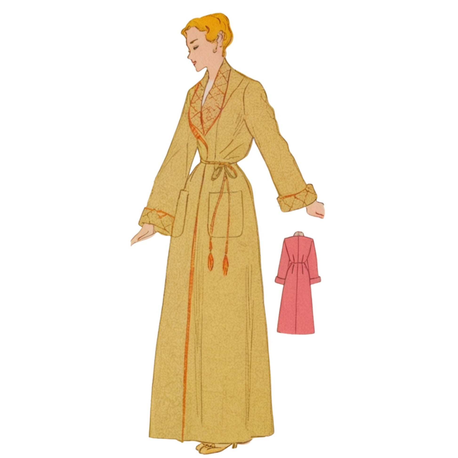Illustration of a woman wearing a long yellow dress with a smaller pink dress beside her on a white background.