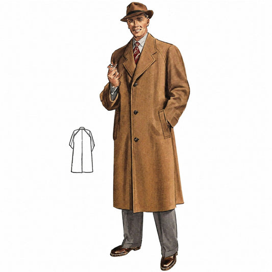 Vintage image of a man wearing a long coat and hat on a white background