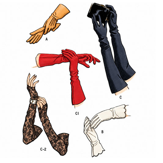 Womans Gloves, shown in 5 styles. A- short gloves, B- short gloves with scalloped edge, C + C1- long gloves, C-2 longs, fingerless, lace gloves.