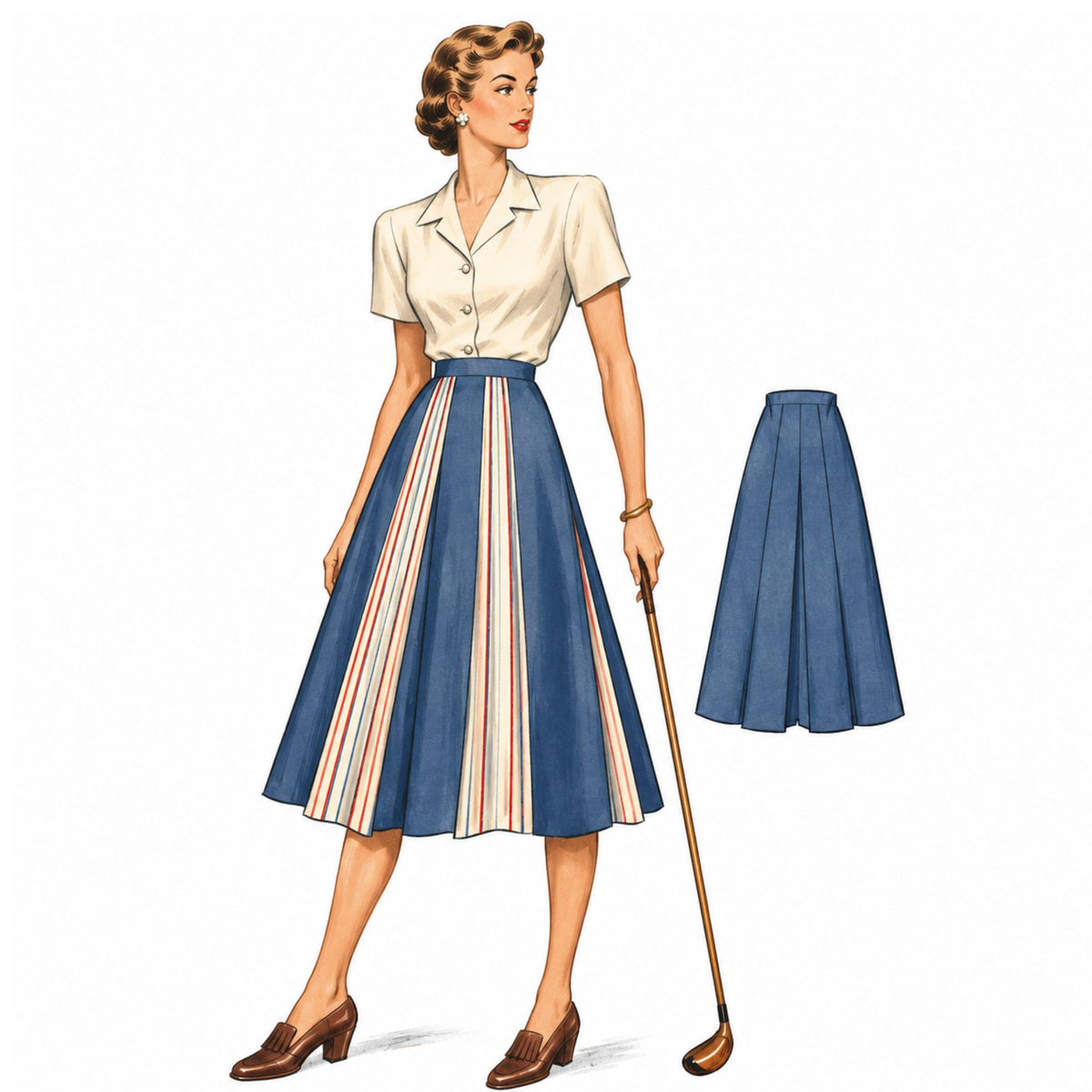Vintage-style fashion image of a woman wearing a cream short-sleeve collared blouse and a blue pleated midi skirt with vertical red and beige stripes, standing beside a separate skirt view on a white background.