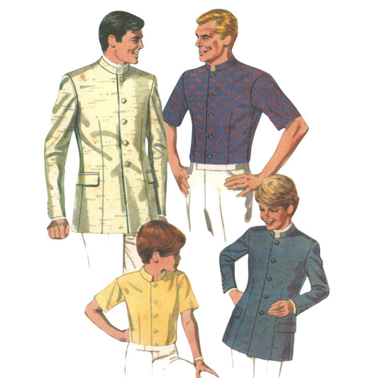 Vintage image sewing pattern showing four men modeling traditional Indian attire, including a cream-colored jacket, a blue patterned short-sleeve shirt with white pants, a yellow shirt, and a blue jacket.