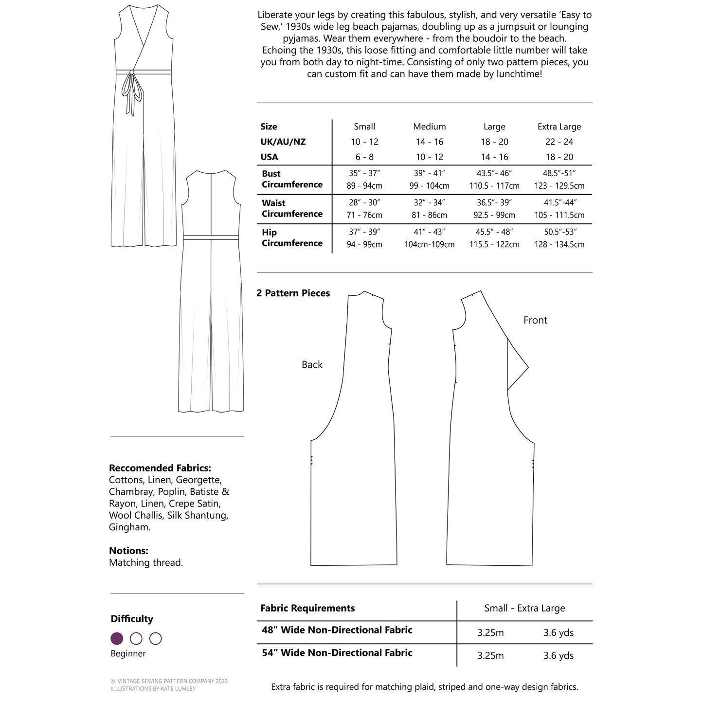 A sewing pattern instruction sheet showing front and back flat pattern views of a sleeveless fitted skirt, with size tables, fabric recommendations, notions, and a difficulty rating on a white background.