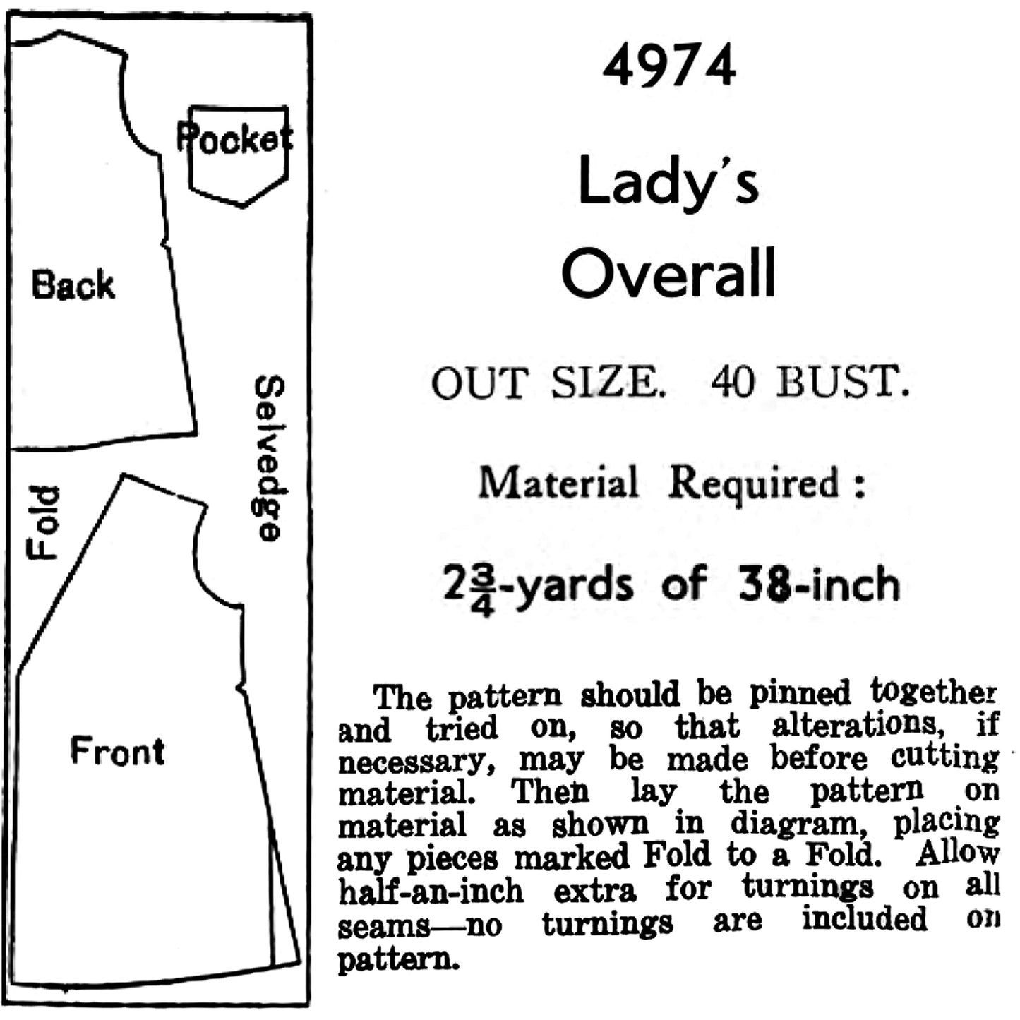 A vintage sewing pattern sheet for '4974 Lady's Overall' showing front and back panel layouts with a pocket, plus sizing and material requirements text on a white page.