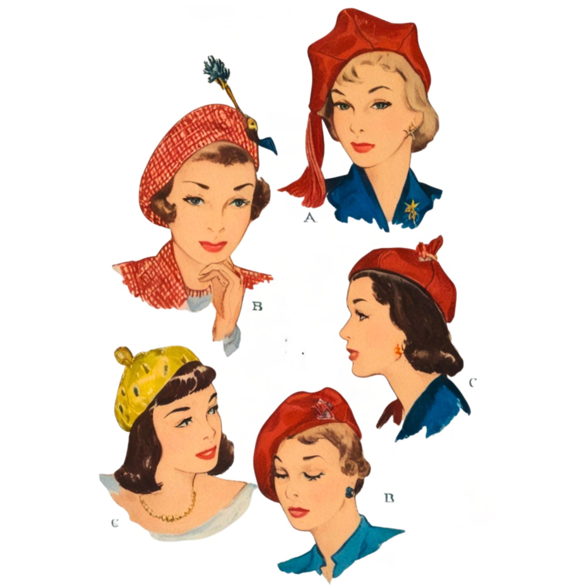 Illustrations of women wearing vintage-style hats on a white background