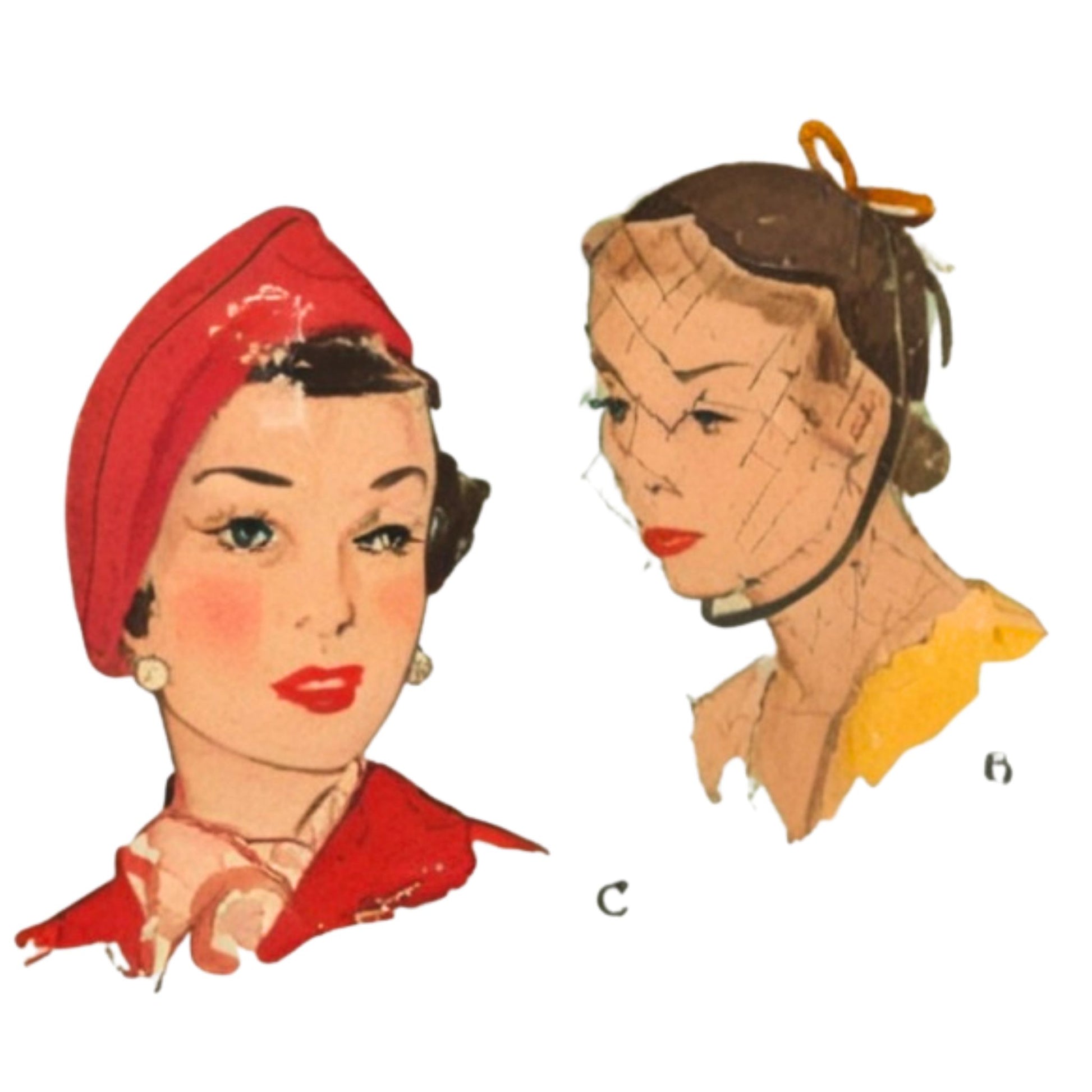Vintage-style illustration of a woman wearing a red headscarf and a mannequin head with a headband.