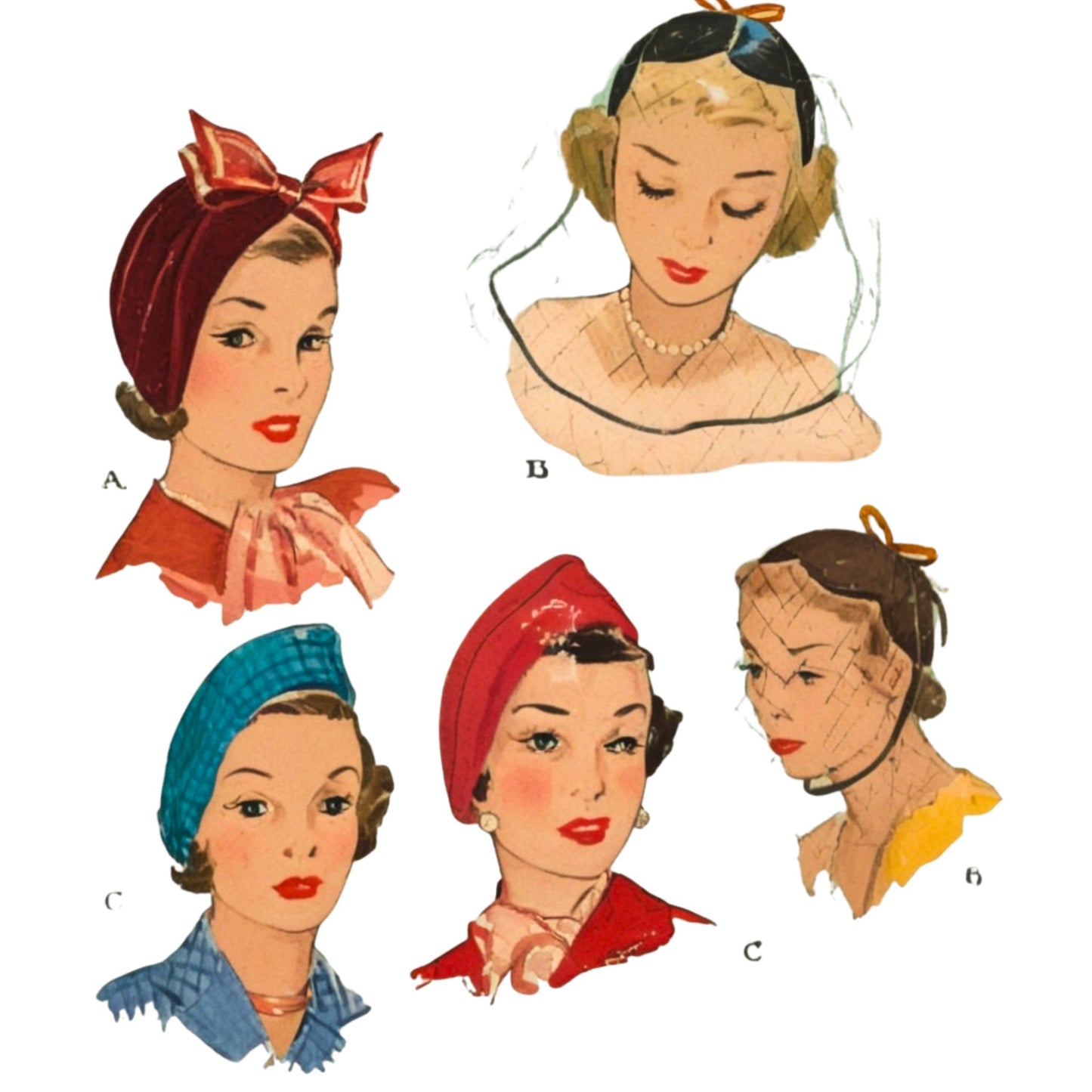 Vintage illustrations of women with different hairstyles and headscarves on a white background.