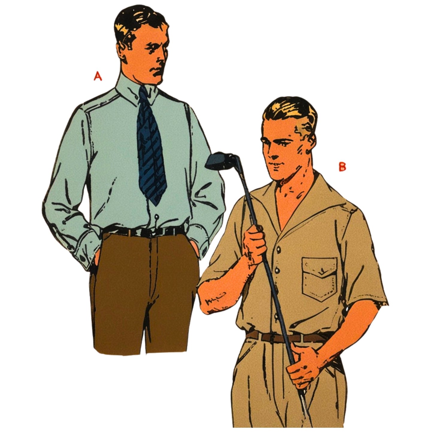 Illustration of two men, one in formal attire and the other in a suit with a golf club, on a white background.