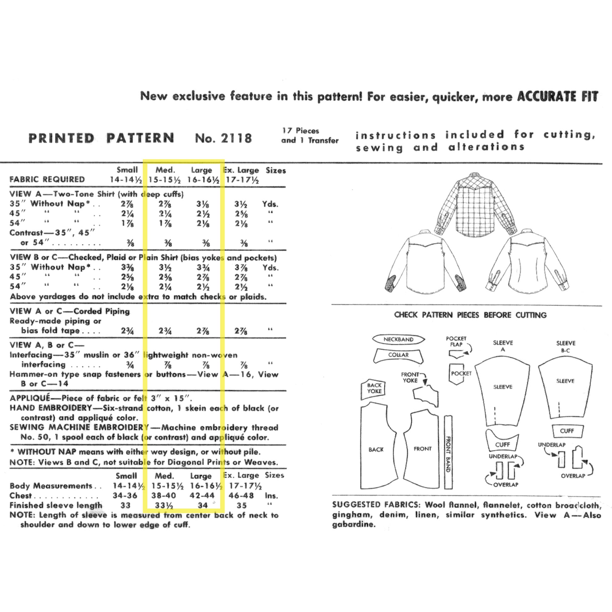 Vintage sewing pattern for a shirt with fabric requirements, measurements, and diagram.