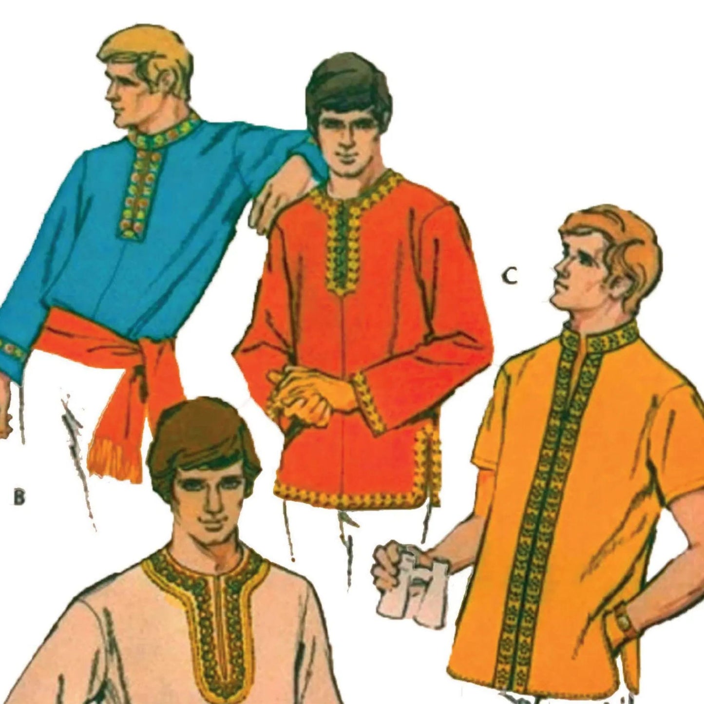 Illustrations of men wearing colorful shirts with decorative necklines on a white background.