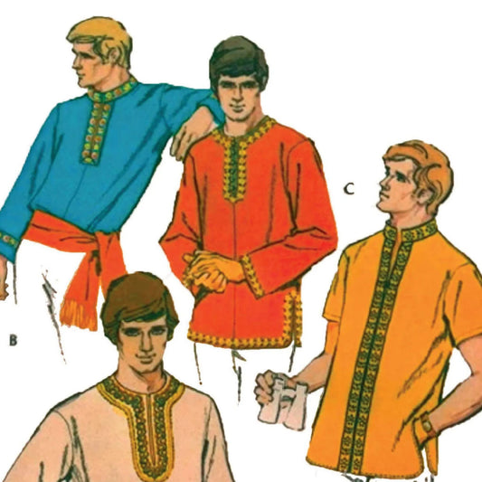 Illustrations of men wearing colorful shirts with decorative necklines on a white background.