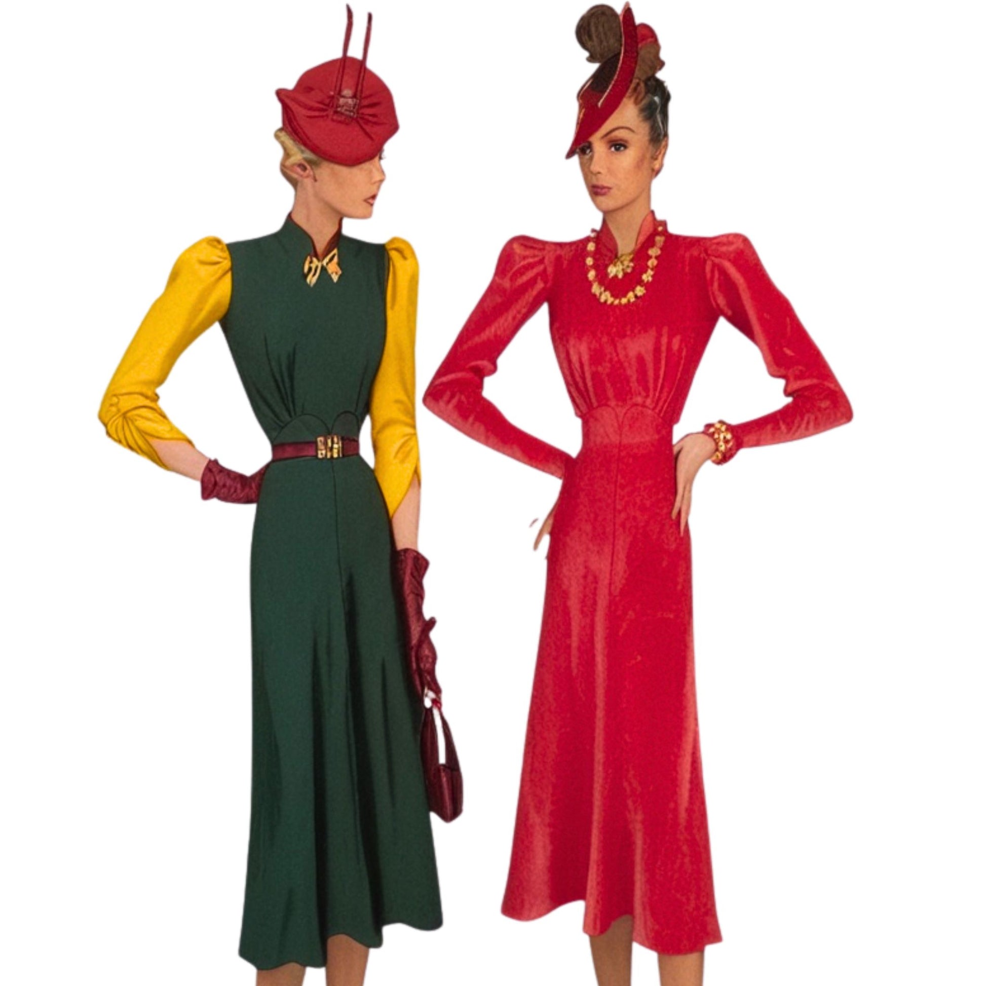 Two women in vintage-style dresses and hats on a white background
