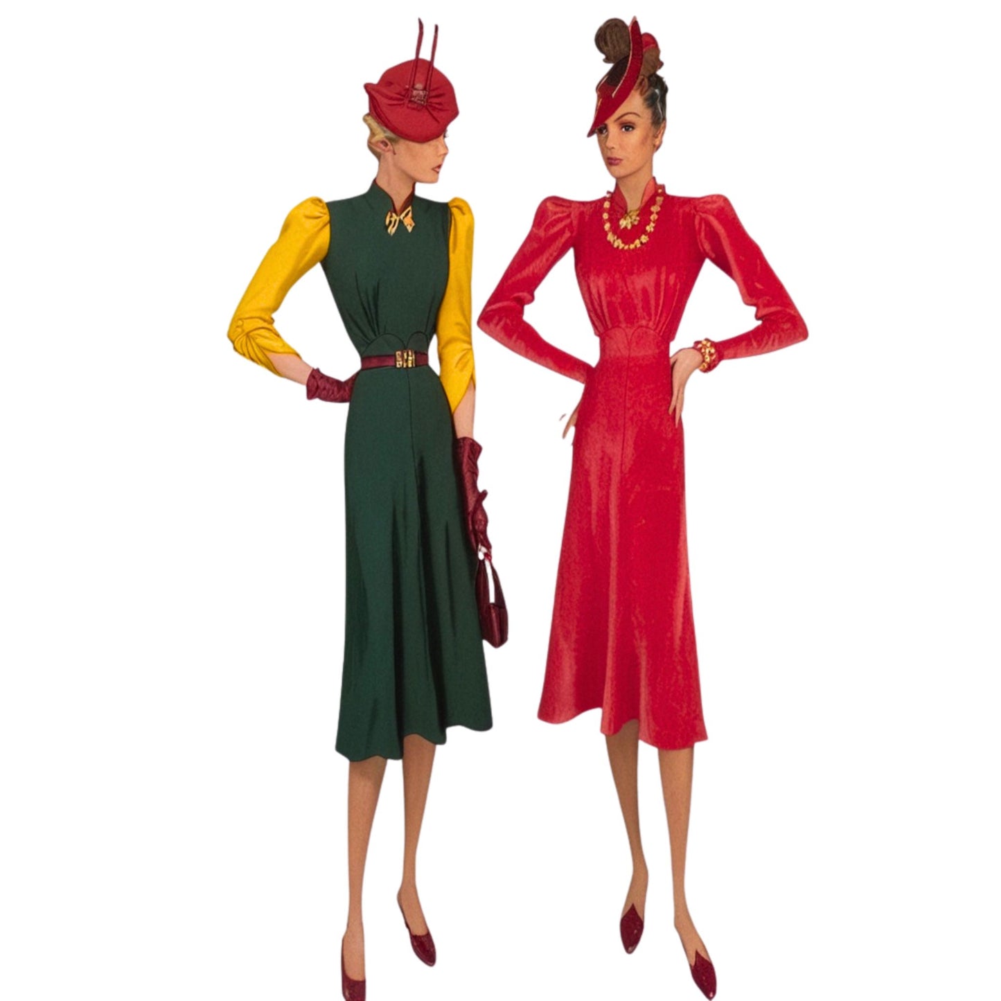 Two fashion dolls wearing vintage-style dresses and hats on a white background