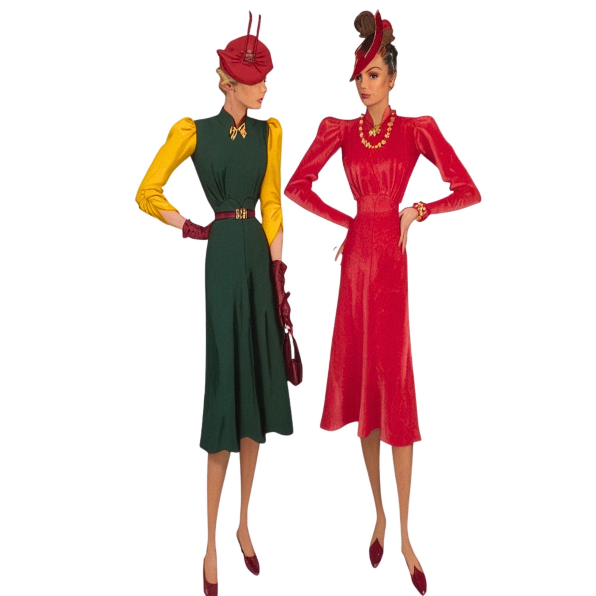 Two fashion dolls wearing vintage-style dresses and hats on a white background