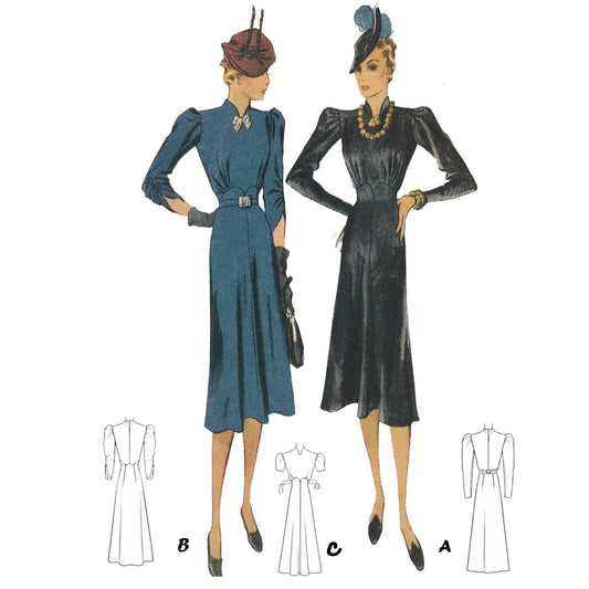 Vintage sewing pattern illustration showing two women modeling long-sleeve midi dresses, with three simplified dress outline views labeled A, B, and C below on a white background.