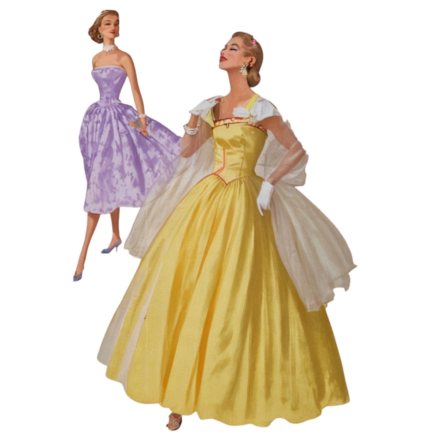 Two vintage-style dresses, one purple and one yellow with white accents, on a white background.
