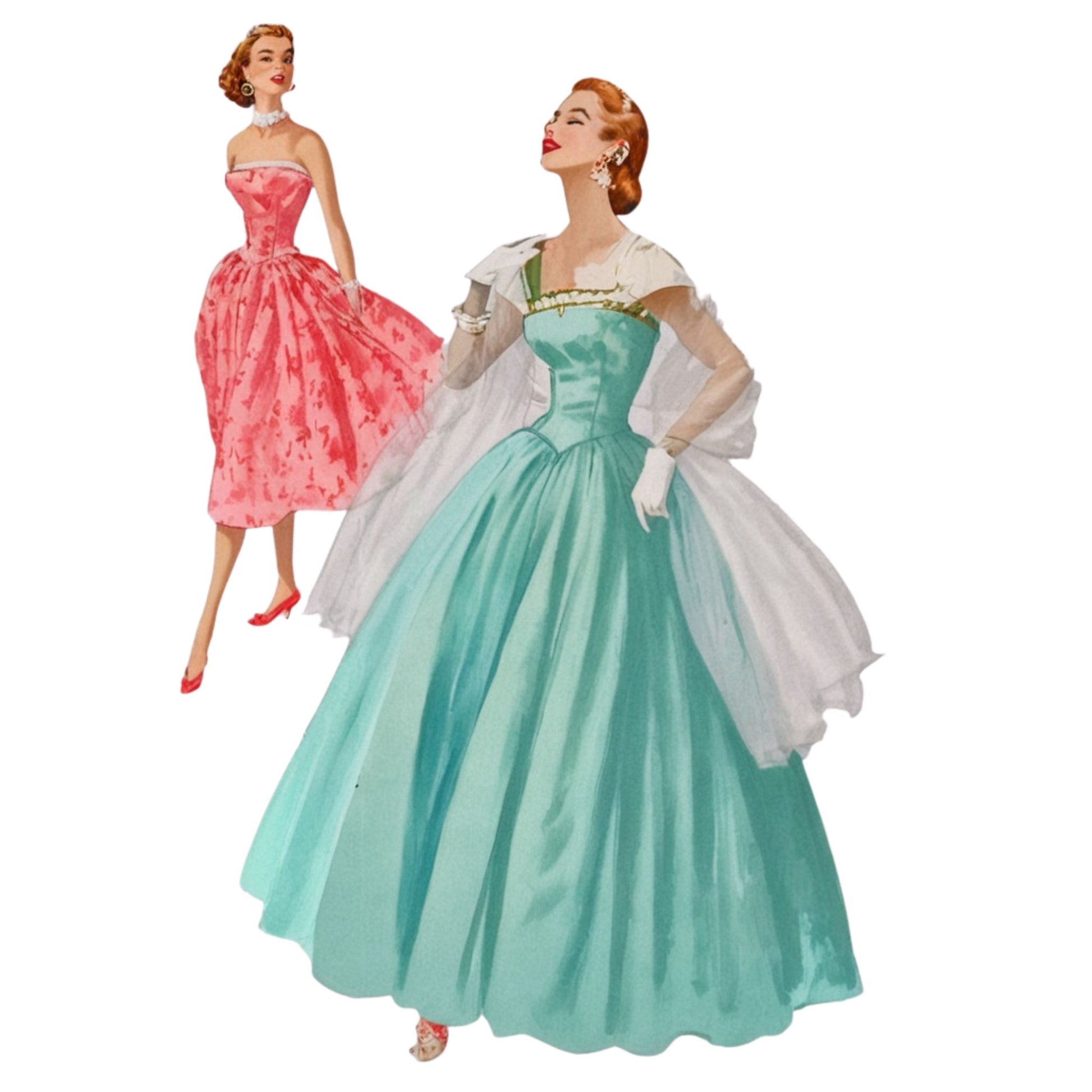 Two women in vintage-style dresses on a white background