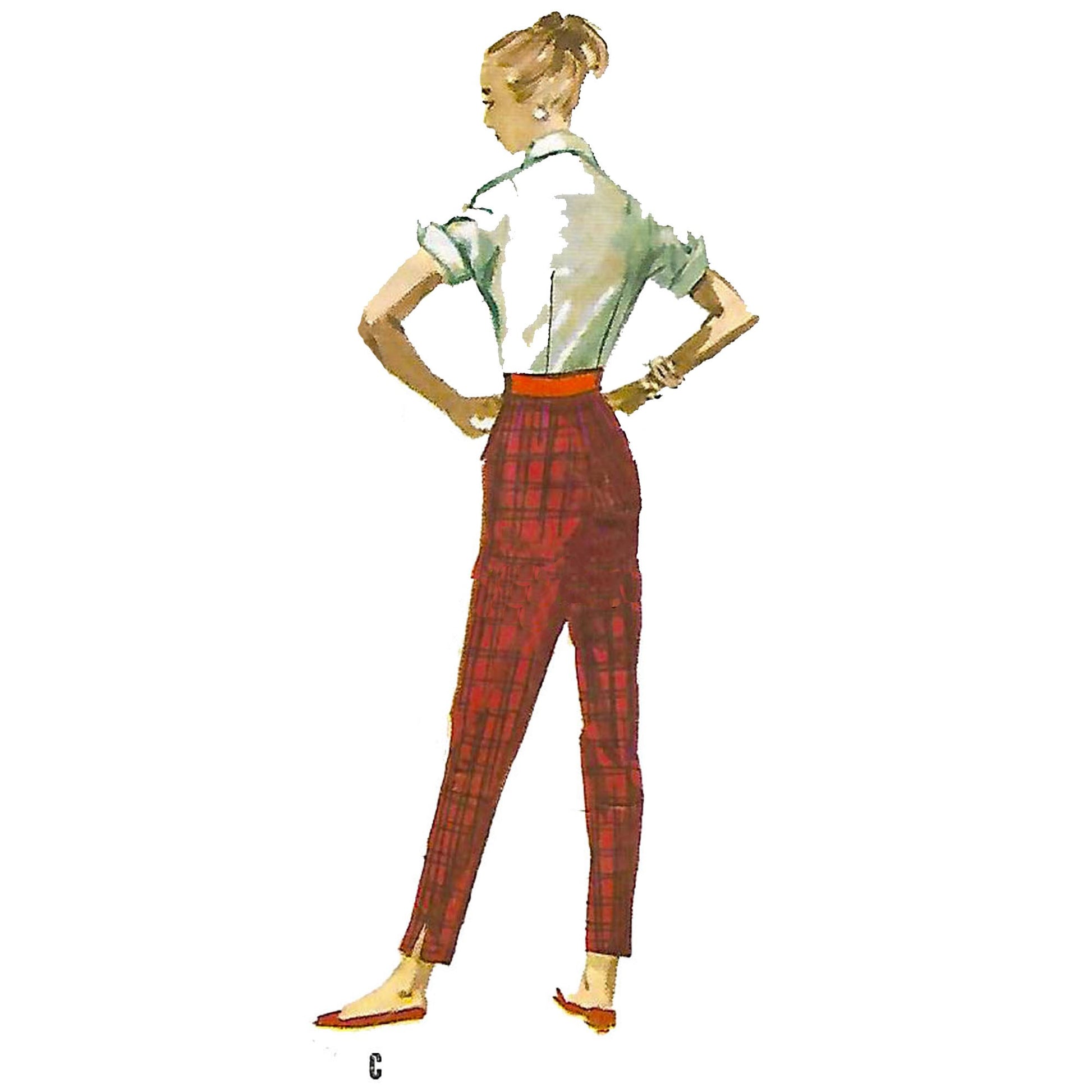 Model wearing 1950s blouse and pants made from McCall’s 3417 pattern