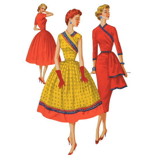 Three women in vintage-style dresses on a white background