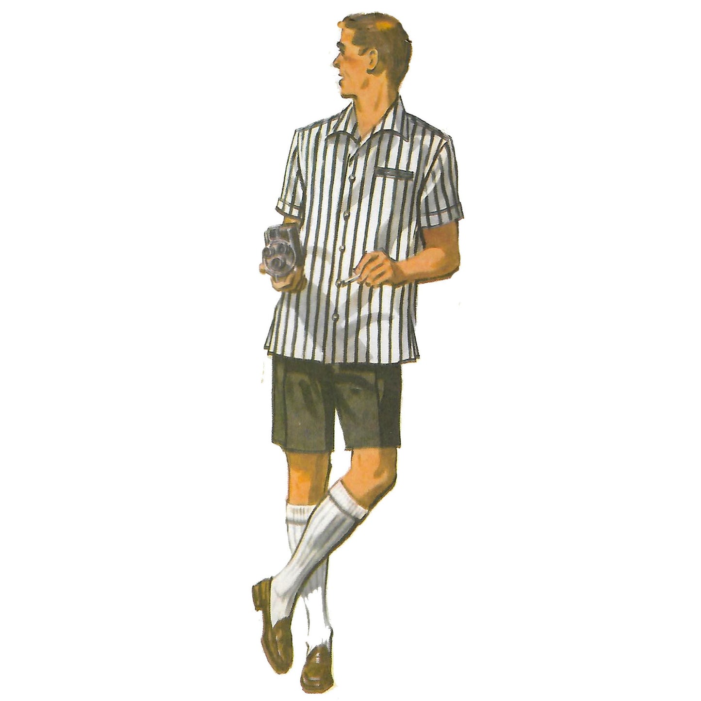 Man wearing 50s shirt and shorts.