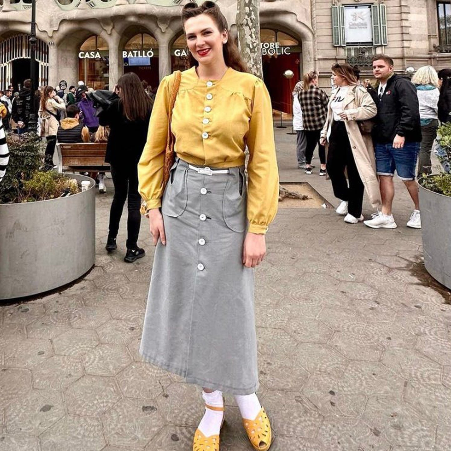 Woman wearing a blue versatile Two Piece Dress Top & Skirt