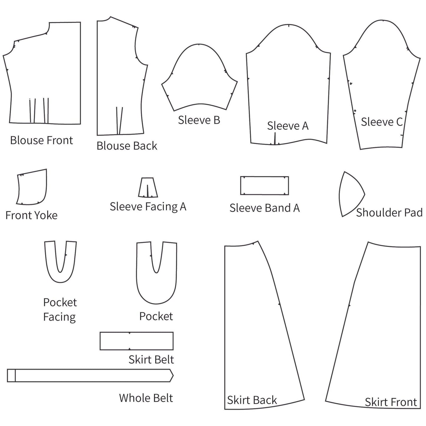 Line drawing of all pattern pieces included in "1940s Pattern, Versatile Two Piece Dress Top & Skirt"