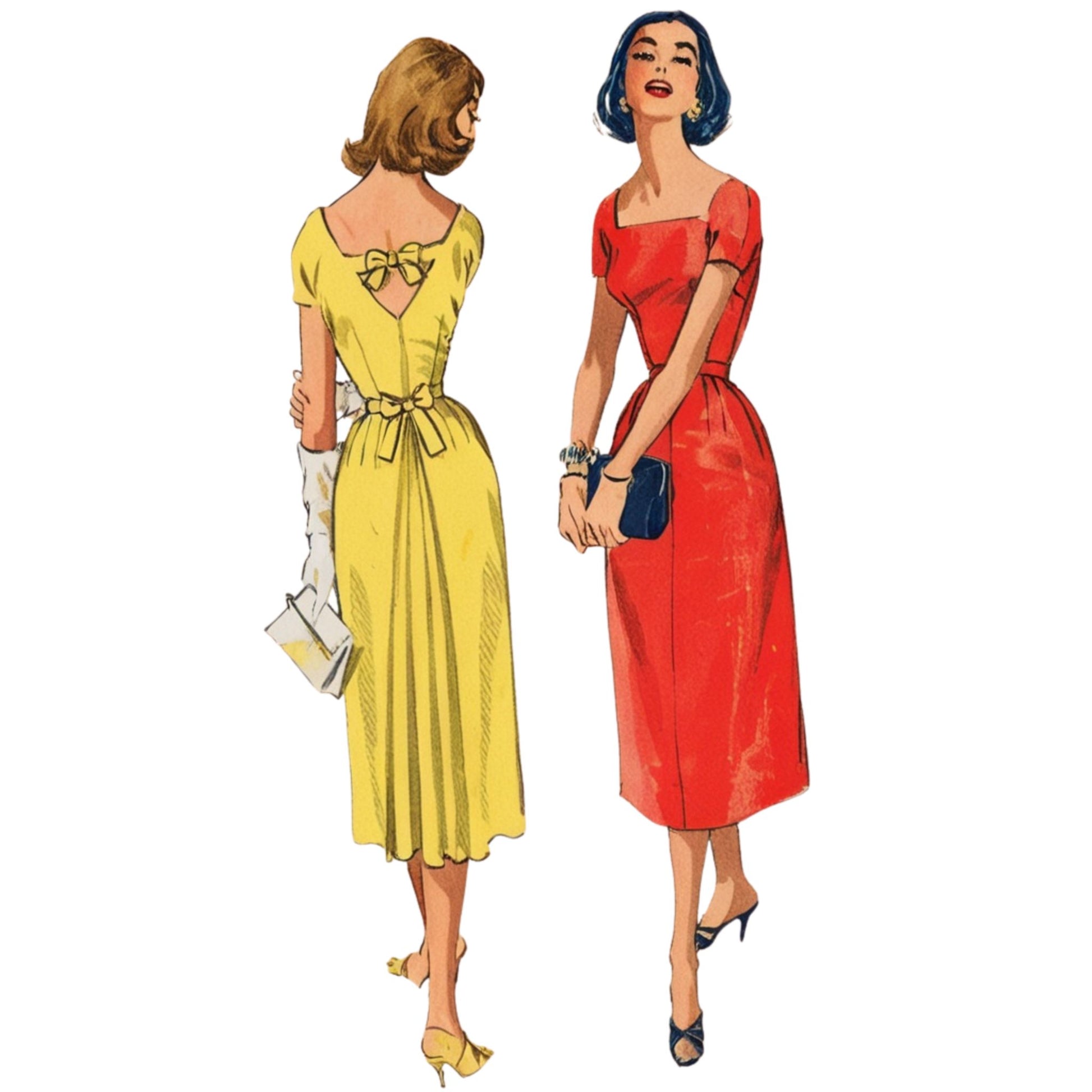 Two women in vintage-style dresses, one yellow and one red, on a white background.