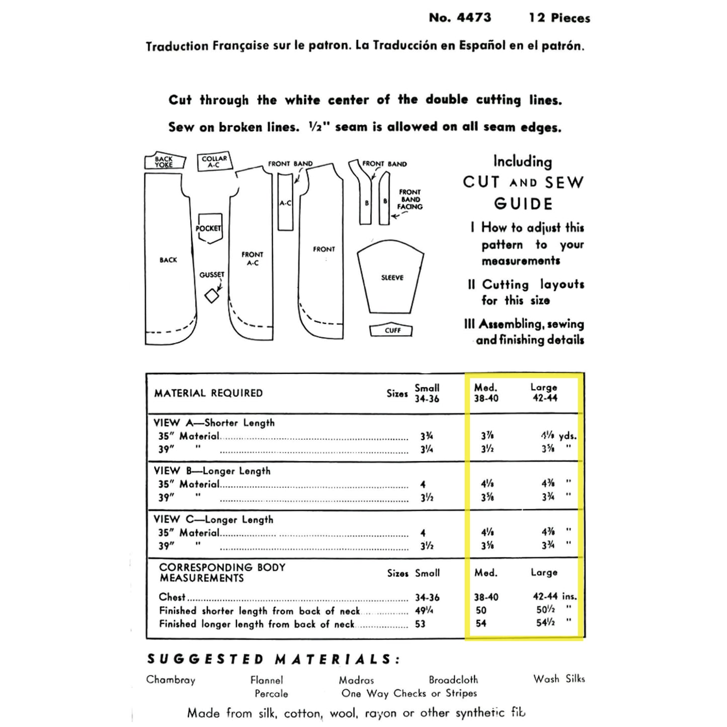 A printed sewing pattern sheet showing a pattern diagram with labels for back, front, and pocket, plus a cutting and sewing guide and a material/measurements table. 