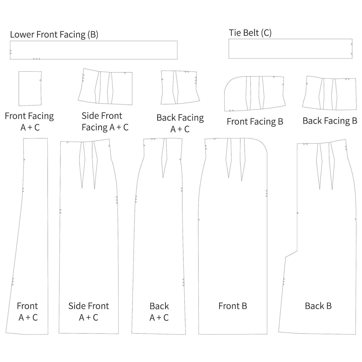 Pattern layout diagram for a garment with labeled pieces on a white background
