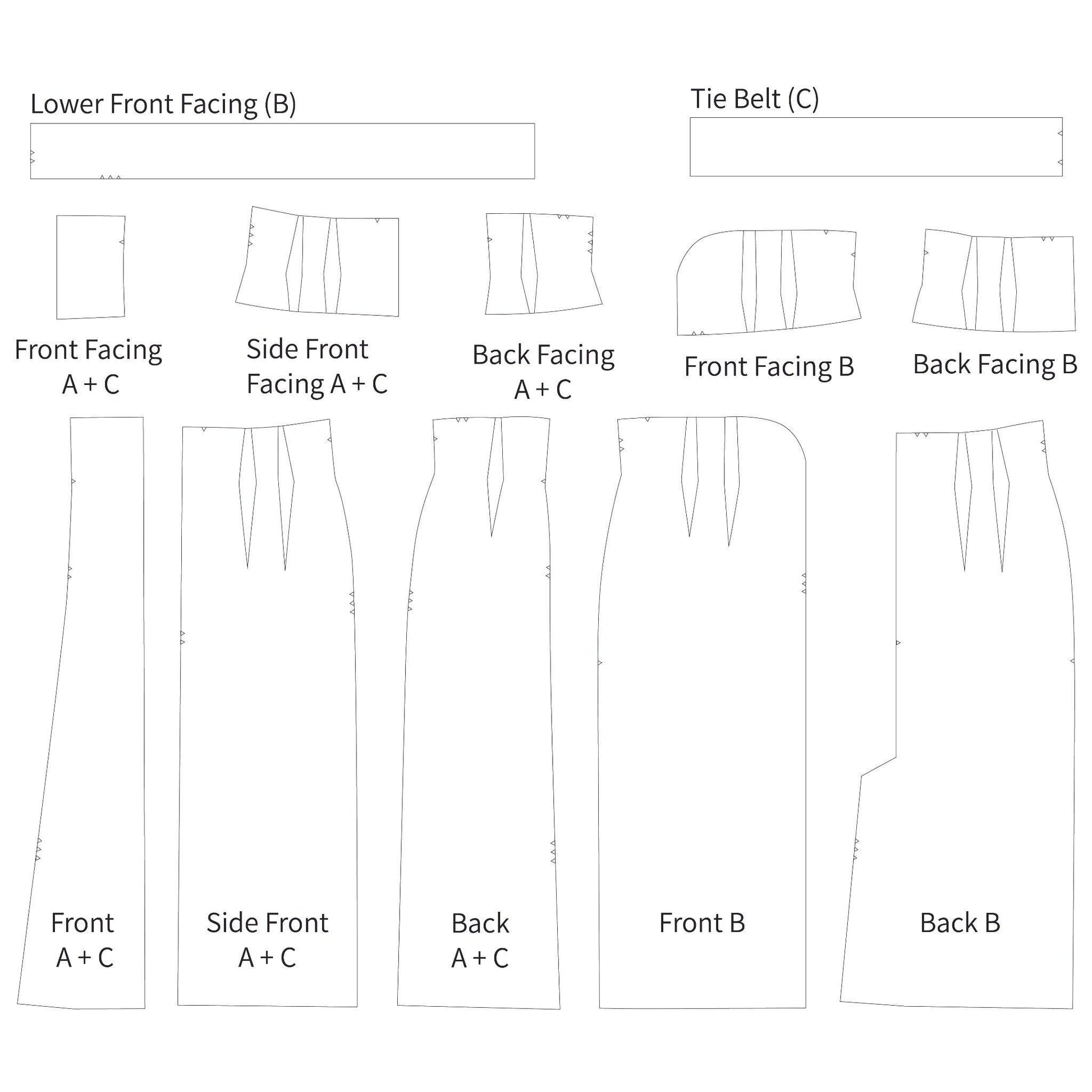 Pattern layout diagram for a garment with labeled pieces on a white background