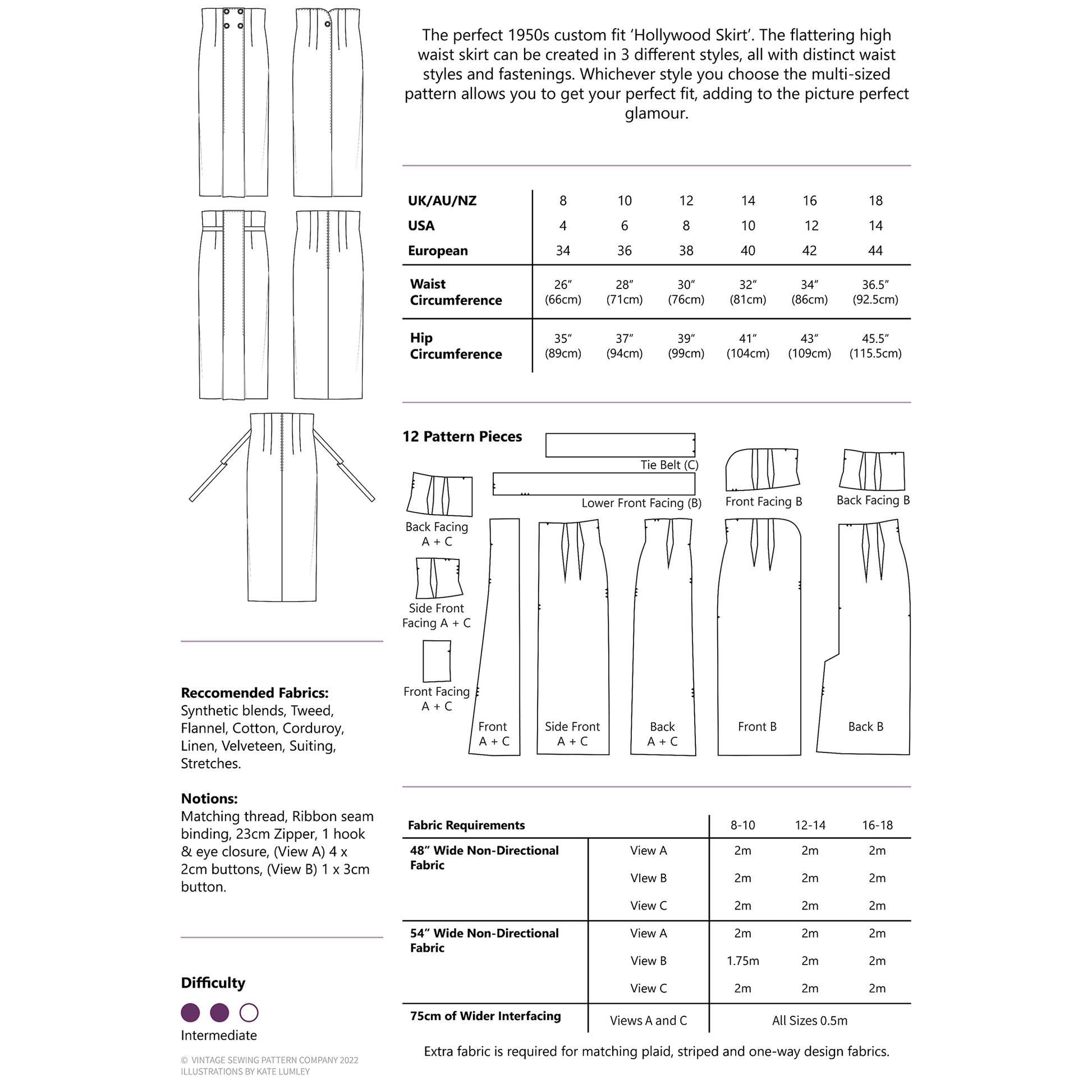 A technical pattern and measurement chart for a custom 1950s-style skirt, showing waist circumference tables for UK/AU/NZ, USA, and European sizes, a 12-piece pattern layout, fabric recommendations, and front/back view diagrams on a white background.