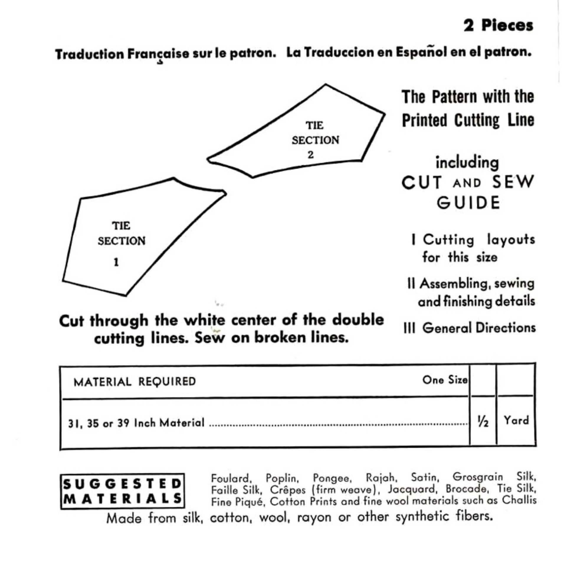 1930s Pattern, Men's 'Easy to Sew' Six Fold Necktie - pattern back