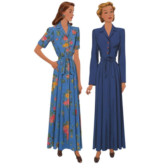 Two women wearing blue dresses with floral and plain designs on a white background