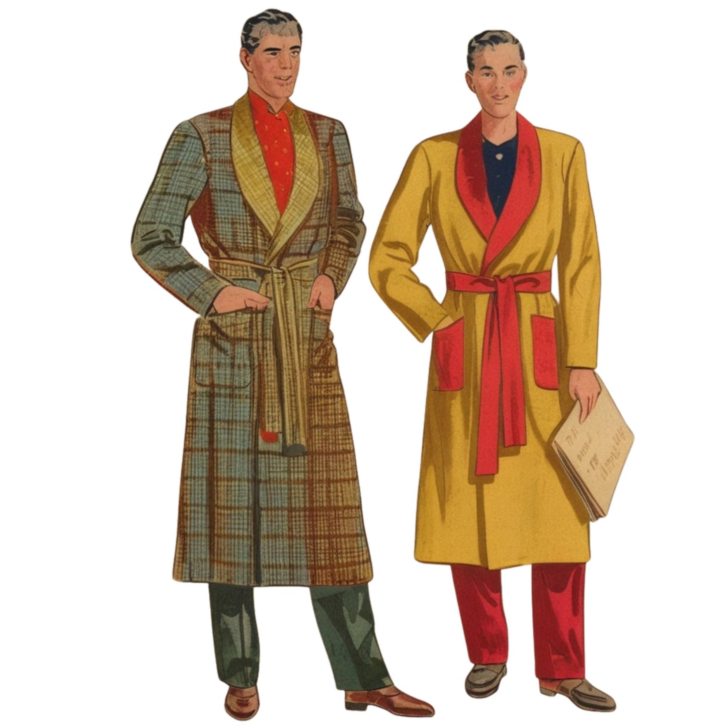 Two men wearing vintage-style robes on a white background