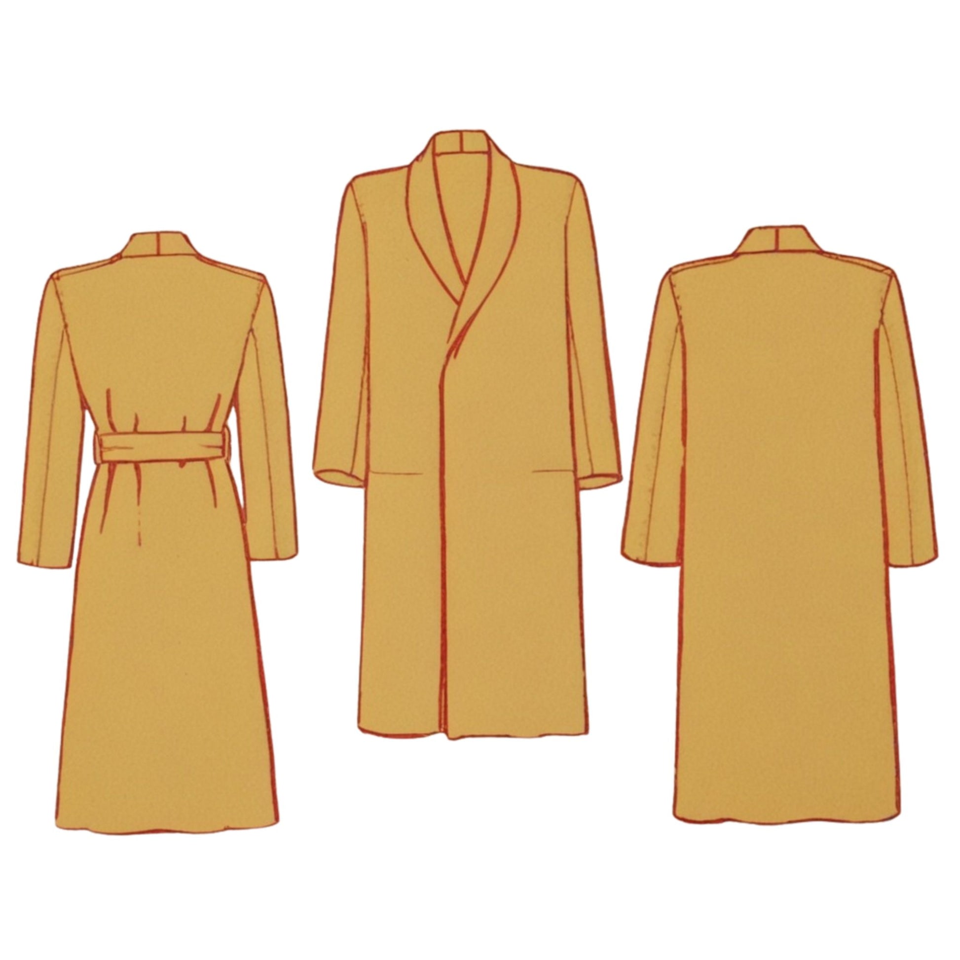 Yellow robe shown from front, back, and side views on a white background