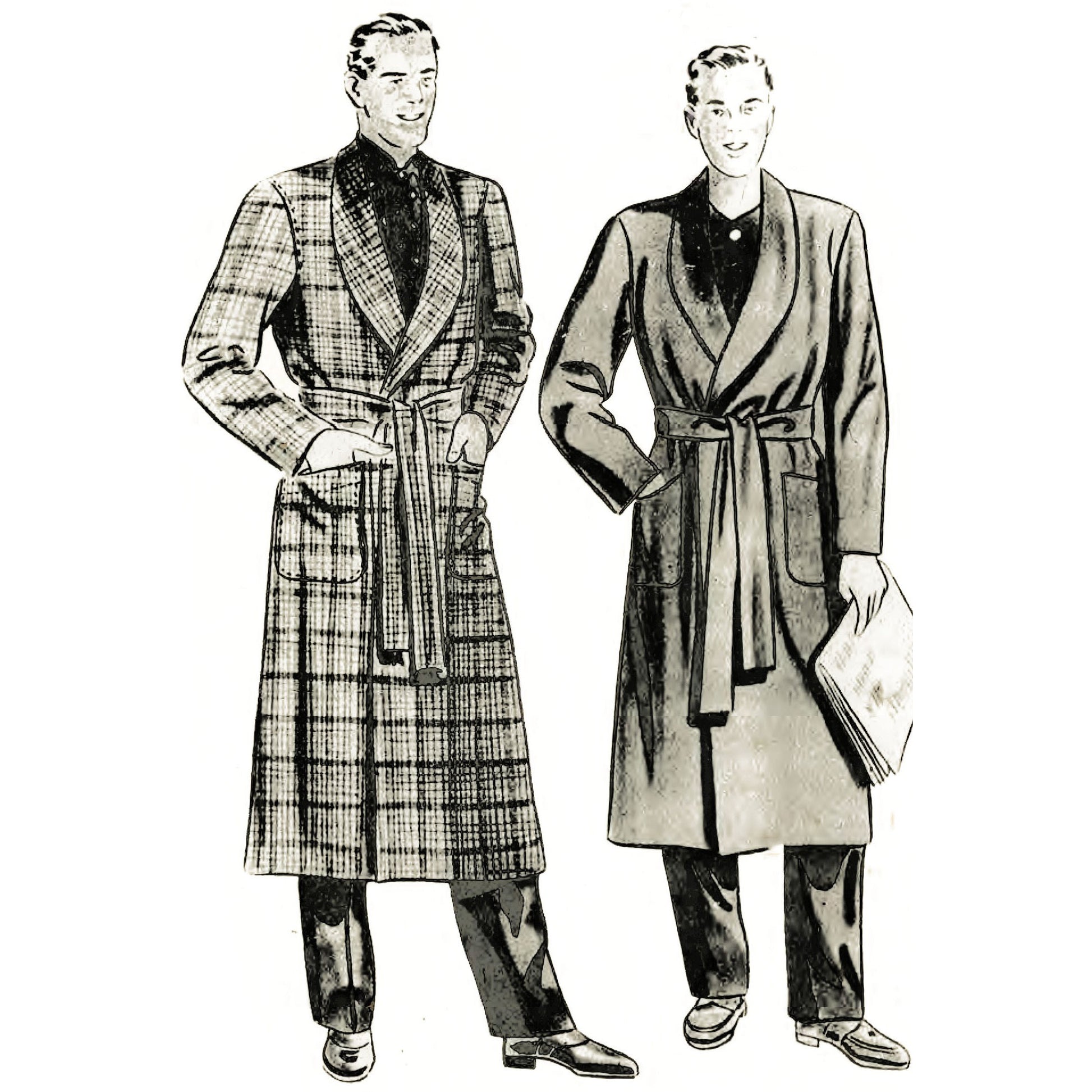 Two men wearing vintage-style robes on a white background
