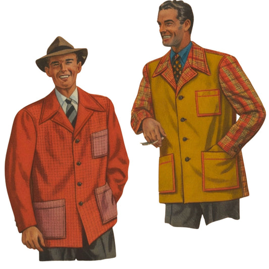 Two men wearing vintage-style jackets with plaid patterns on a white background
