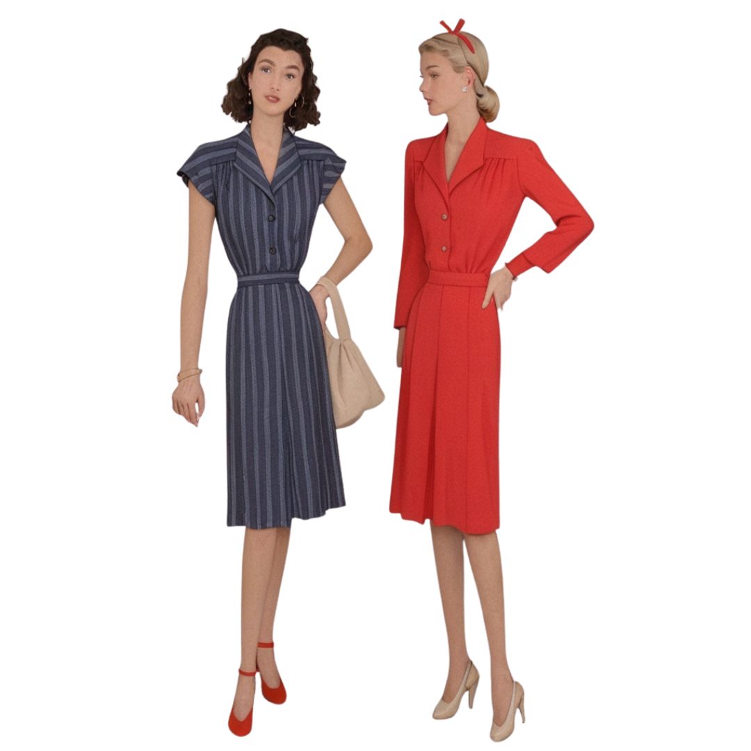 Two women wearing vintage-style dresses on a white background