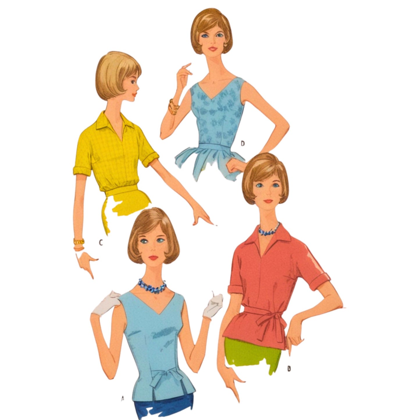 Four vintage-style women in different outfits on a white background