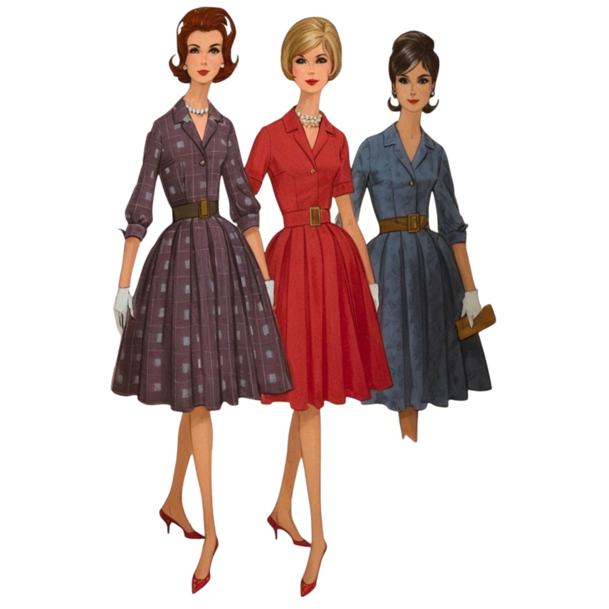 Three wearing wearing vintage-style dresses on a white background