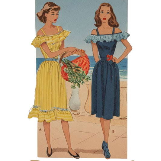 Two women in vintage dresses standing by a window with flowers, illustration style
